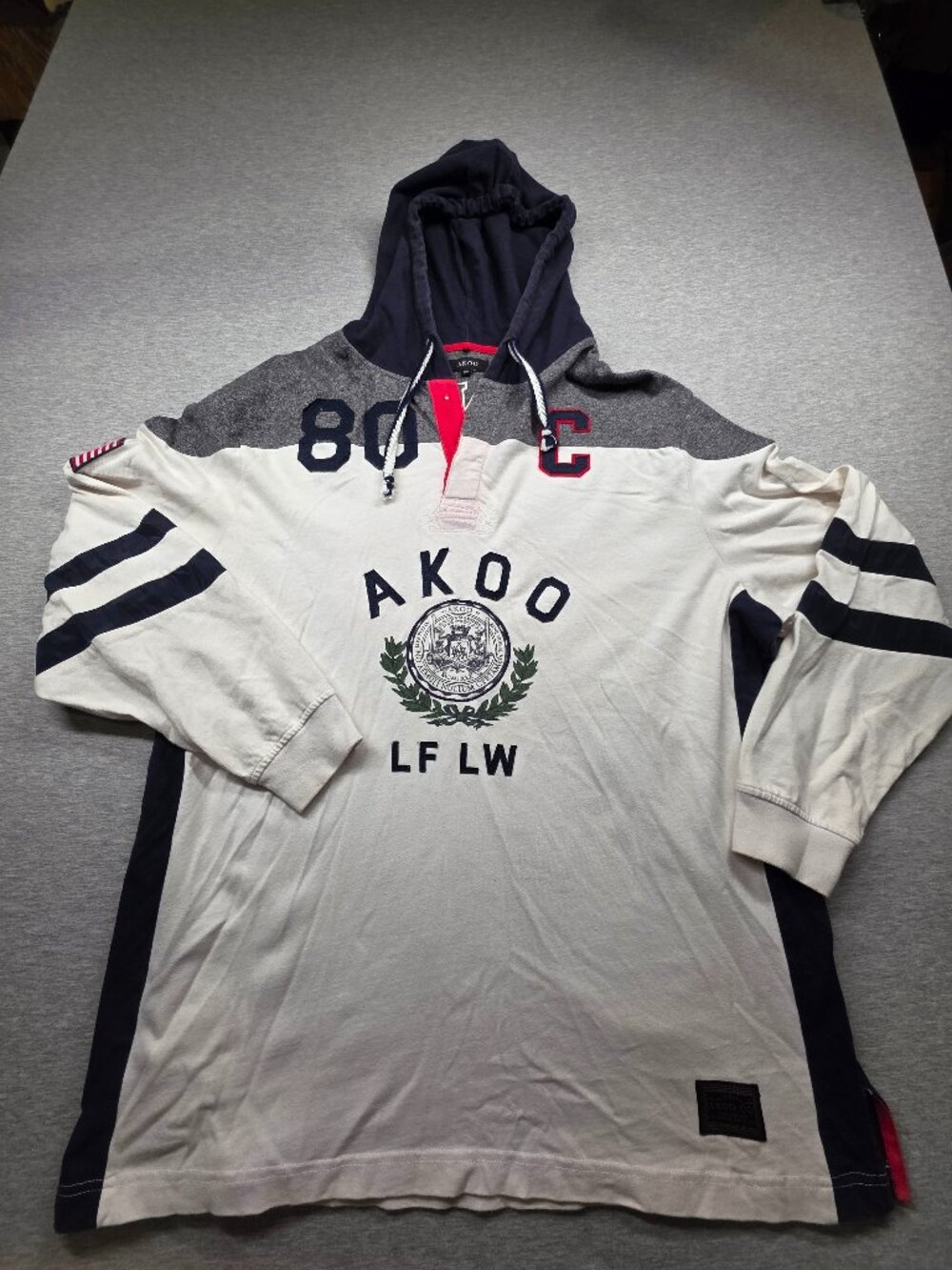 AKOO LF LW Hooded Rugby Jersey Men's XXL White Navy Red Colorblock Streetwear